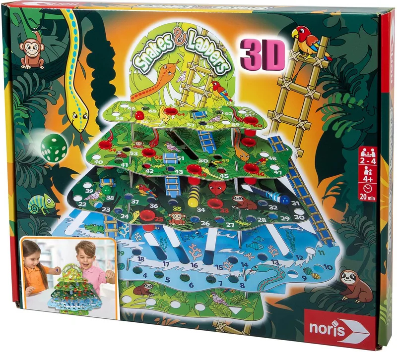 Spiel Snakes & Ladders Dschungel, Murmelspiel van Noris, editie Bunt – doos