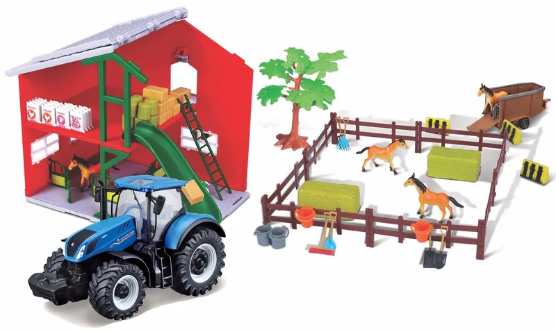 Farmland Playset - Paardenstal met New Holland T7.315 HD modeltractor - Bouwpakket van Bburago in Blauw – productfoto