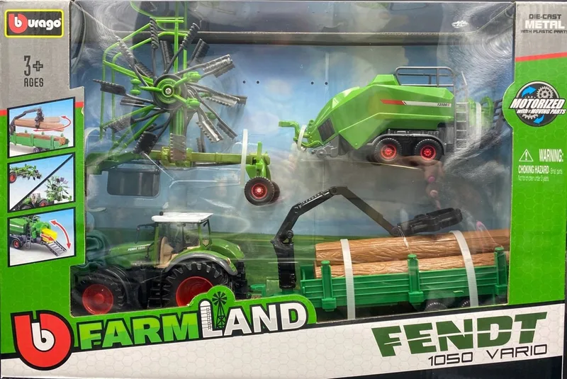 Fendt 1050 Vario Tractor Set met Aanhanger & Machines van Bburago in Groen – productfoto