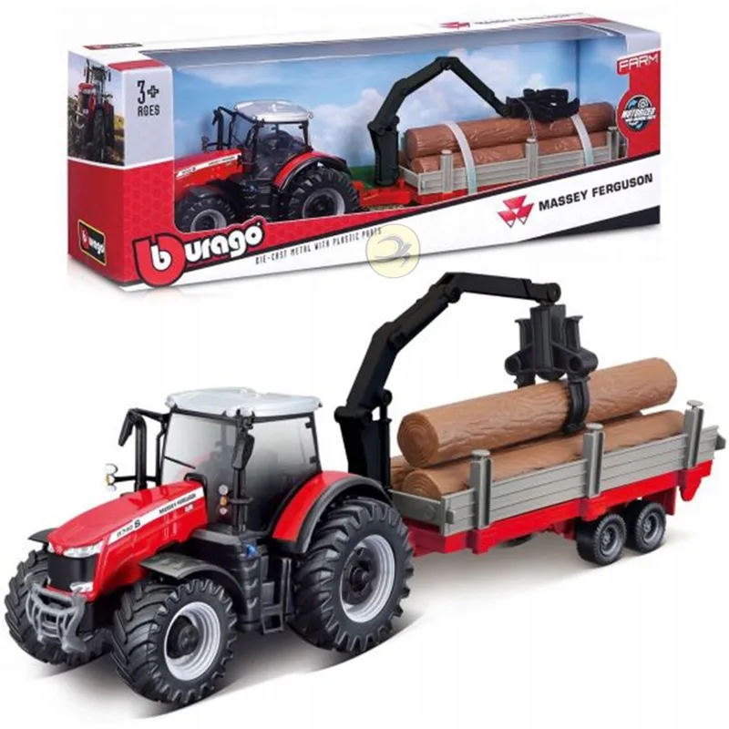 Massey Ferguson Traktor met Houtaanhanger - Metaal de Bburago en Zwart – photo du produit