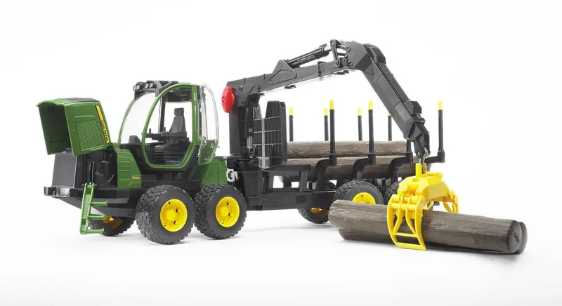 John Deere 1210E Rückezug mit 4 Baumstämmen und Holzgreifer – 02133 · 1:16 von Bruder – Produktfoto