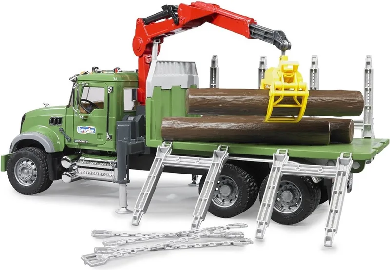 MACK Granite Holztransport-LKW met Ladekran, Greifer en 3 Baumstämmen – 02824 · 1:16 van Bruder – productfoto
