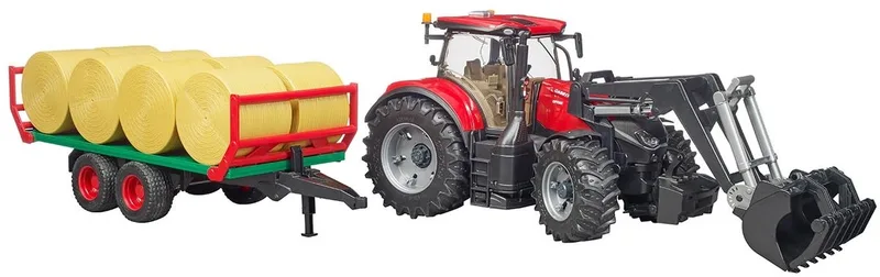 Case IH Optum 300CVX met voorlader en balenwagen – 03198 · 1:16 van Bruder – productfoto