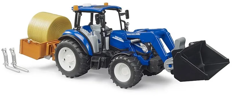 New Holland T5.120 with slip-on frontloader, dump box and forks – 02187 · 1:16 by Bruder – product photo