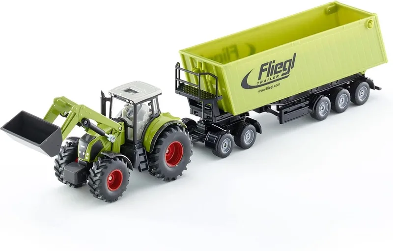 Claas Traktor mit Frontlader, Dolly und Fliegl Muldenkipper – 1949 von Siku – Produktfoto