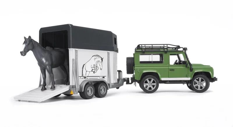 Land Rover Defender met paardentrailer inkl. 1 paard – 02592 · 1:16 van Bruder – productfoto