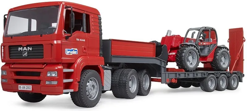 MAN TGA truck with low loader trailer and Manitou telehandler – 02774 · 1:16 by Bruder – product photo