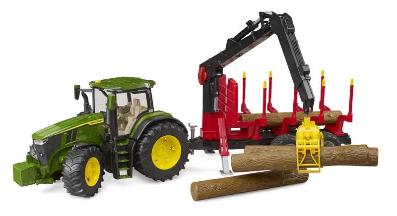 John Deere 7R 350 with forestry trailer and 4 trunks – 03154 · 1:16 by Bruder – product photo