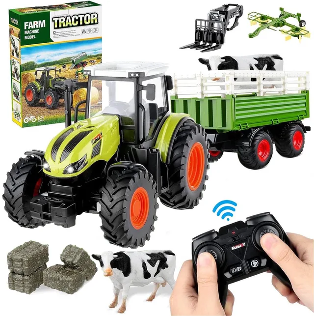 RC Tractor met Afstandsbediening 3-in-1 – Inclusief Aanhanger, Palletvork, Hooihark, Koe & Hooibalen – Oplaadbare Speelgoed Tractor voor Kinderen vanaf 3 Jaar