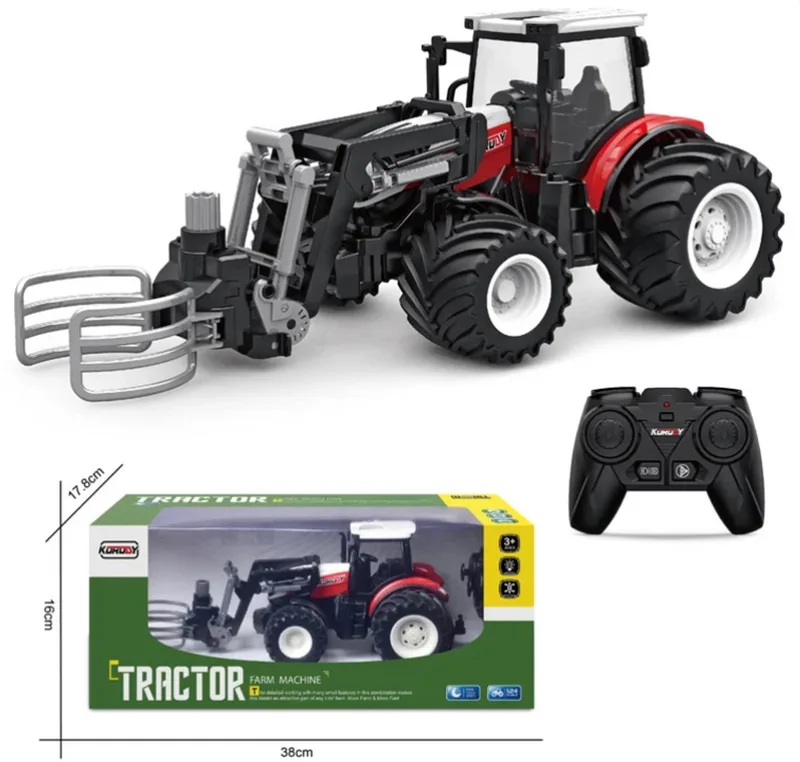 RC Tractor met Balengrijper - Afstandsbediening 2.4GHz - 1:24 Schaal - Bestuurbare Trekker met Brede Banden - Oplaadbaar RC Boerderij Speelgoed by Korody in Rood/Wit – product photo