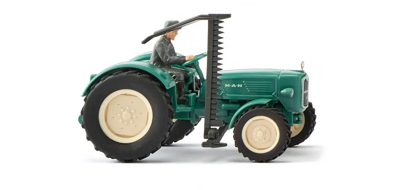 MAN tractor 4R3 with mower and Fahrer – 088402 · 1:87 by Wiking – product photo