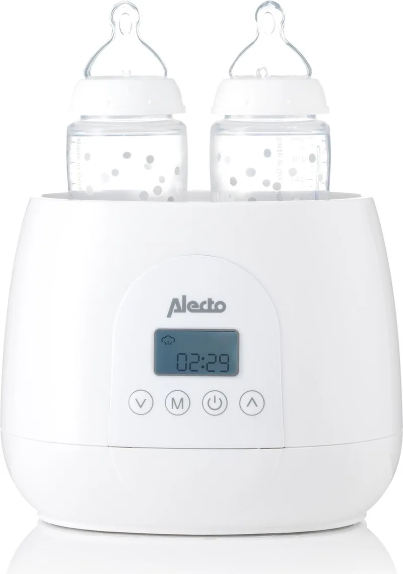 BW700TWIN - Dubbele digitale Flessenwarmer 500W voor opwarmen, steriliseren en ontdooien - Verwarm 2 flesjes tegelijkertijd - Inclusief stoomkap - Wit de Alecto en Wit – BW700TWIN – photo produit