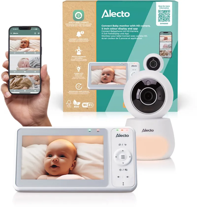 DVM2060 Dual Mode Babyfoon met Camera & App - 5″ HD Scherm - Full HD 1080p - Pan & Tilt - Nachtzicht - Terugspreken - Uitbreidbaar tot 4 Camera’s - Wit van Alecto in DVM2060 – Wit – productfoto