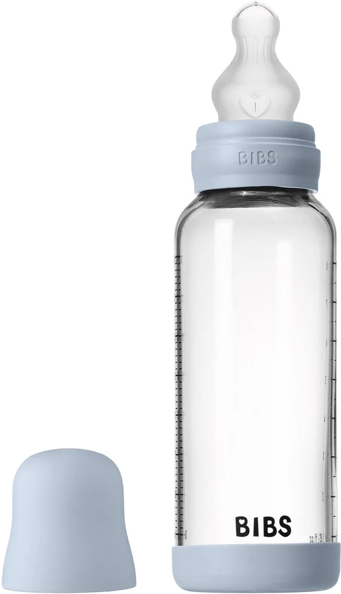 Fles - Medium Flow - 240 ml - Silicone/Glas - Baby Blue van BIBS in Blauw – productfoto