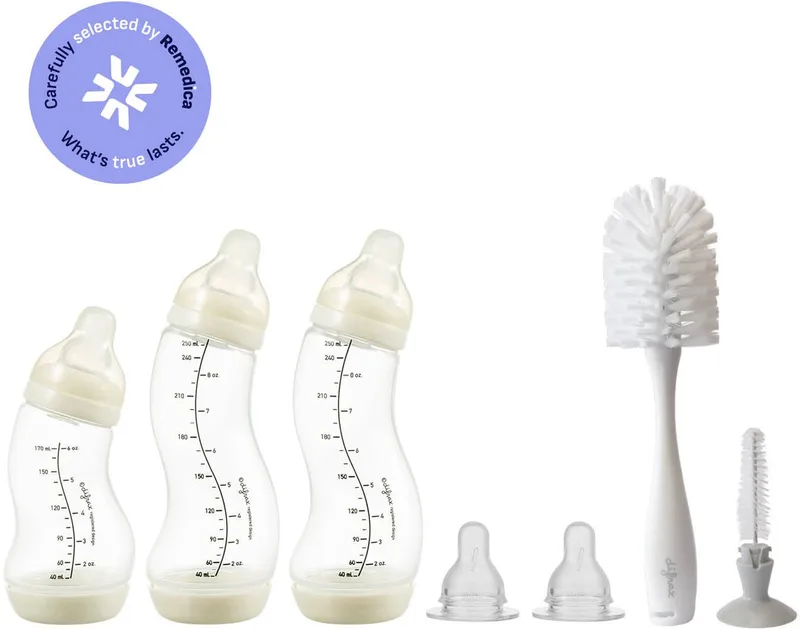 Babypakket - Newborn - Flessenborstel, Babyfles, Flessenspeen - Babyshower van Difrax in Wit – productfoto