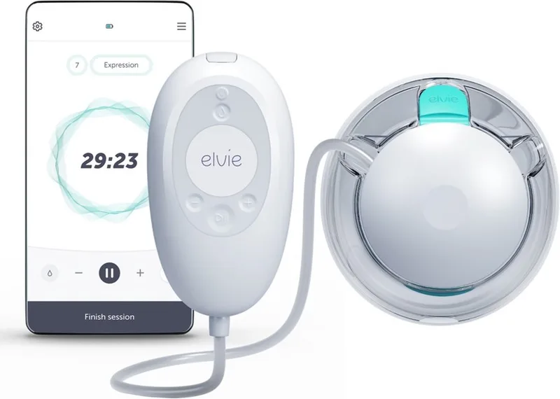 Stride 2 | Enkele Elektrische borstkolf – Handsfree borstkolf die Stil & Krachtig is - Kolfapparaat past discreet in bh en werkt met Gratis App - Incl. Verschillende Tepelmaten in doos van Elvie in Wit – productfoto
