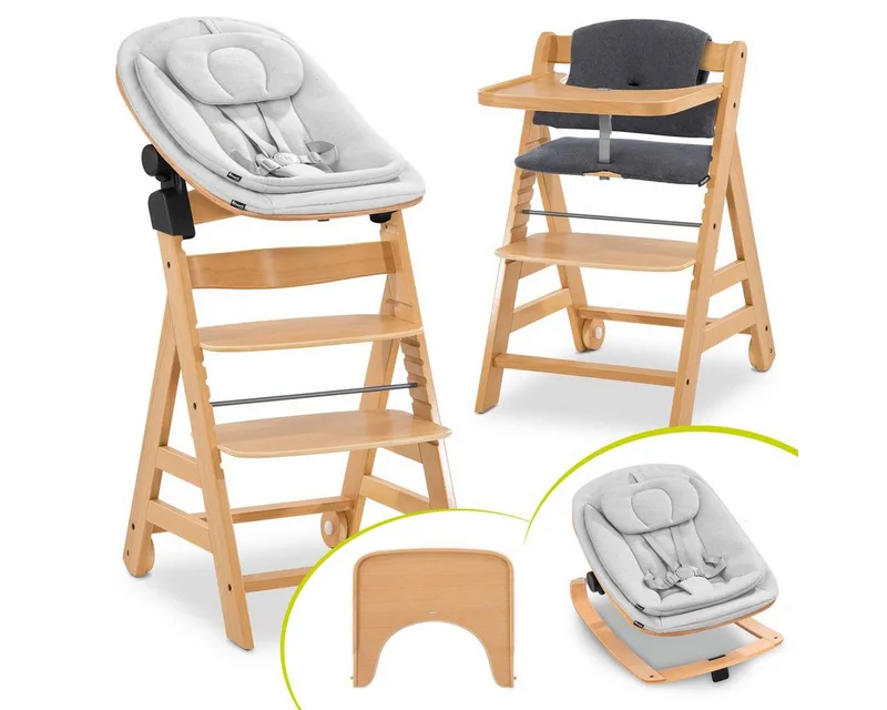 Hochstuhl Alpha Move Natur Newborn Set Eco - Natur, Holz Babystuhl ab Geburt mit Neugeborenensufsatz, Sitzkissen, Essbrett by Hauck – product photo