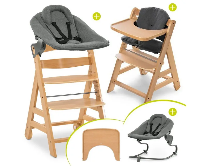 Hochstuhl Alpha Move Natur Newborn Set, Holz Babystuhl ab Geburt mit Neugeborenenaufsatz, Sitzkissen, Essbrett van Hauck – productfoto