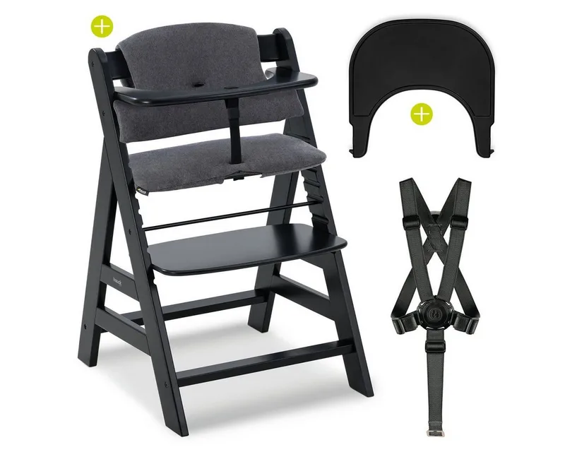 Hochstuhl Alpha Plus Black, Mitwachsender Kinderhochstuhl mit Essbrett Click Tray & Sitzkissen van Hauck in Schwarz – productfoto