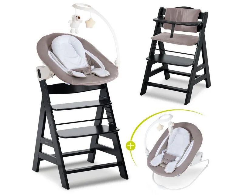 Hochstuhl Alpha Plus Black Newborn Set Deluxe, Holz Babystuhl ab Geburt inkl. Aufsatz für Neugeborene & Sitzauflage van Hauck in Schwarz – productfoto