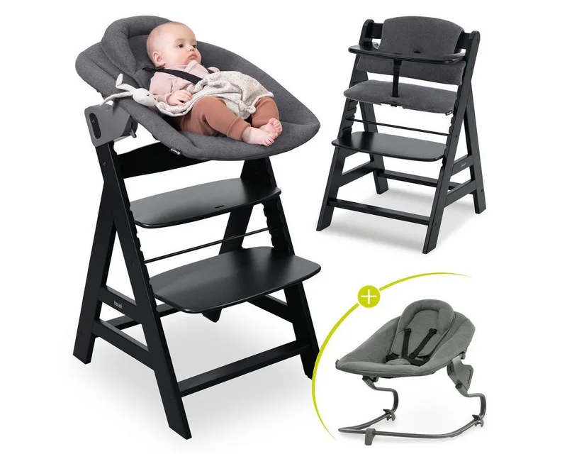 Hochstuhl Alpha Plus Black Newborn Set Premium, Holz Babystuhl ab Geburt inkl. Aufsatz für Neugeborene & Sitzauflage van Hauck in Schwarz – productfoto