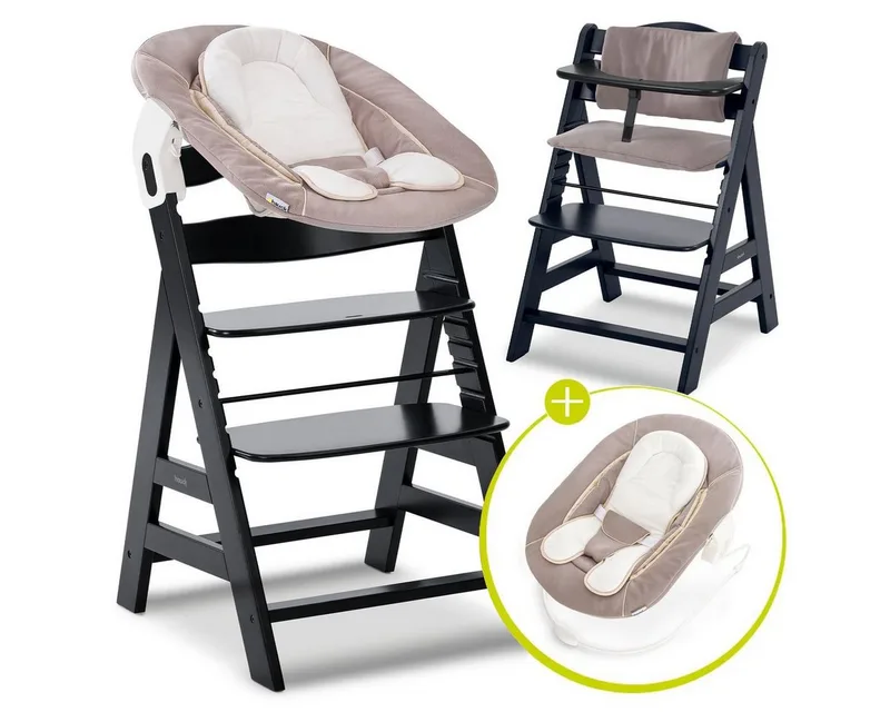 Hochstuhl Alpha Plus Black Newborn Set - Stretch Beige (Set), Holz Babystuhl ab Geburt inkl. Aufsatz für Neugeborene & Sitzauflage van Hauck in Schwarz – productfoto