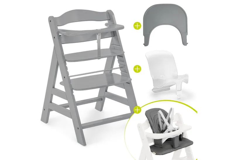 Hochstuhl Alpha Plus Grey, Holz Baby Kinderhochstuhl mit Tablett Click Tray, Baby-Sitz & Sitzpad by Hauck in Grau – product photo