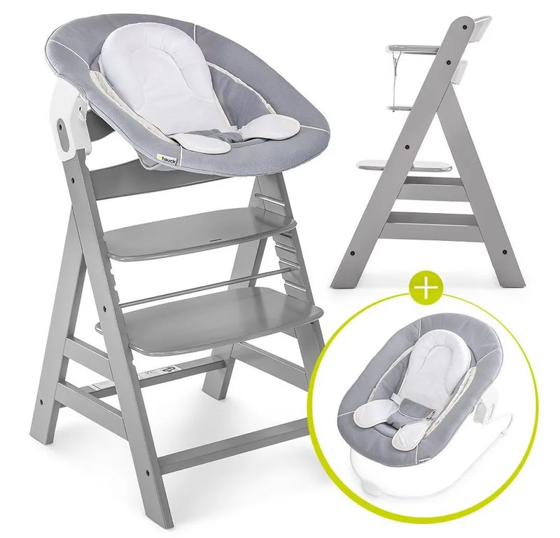 Hochstuhl Alpha Plus Grey - Newborn Set (Set, 4 St), Holz Babystuhl ab Geburt mit Aufsatz für Neugeborene höhenverstellbar by Hauck in Grau – product photo