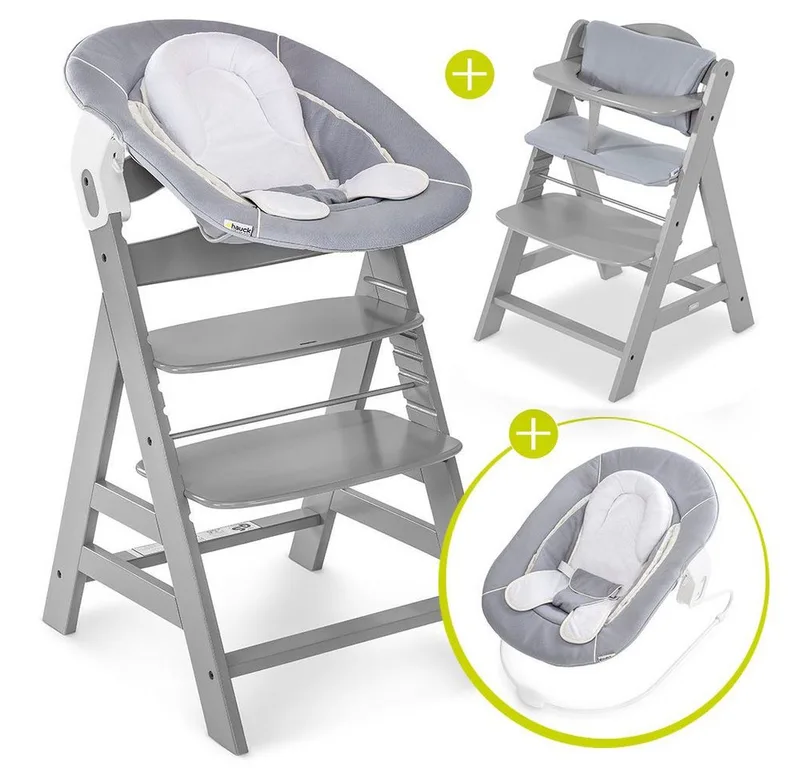 Hochstuhl Alpha Plus Grey Newborn Set (Set, 4 St), Holz Babystuhl ab Geburt inkl. Aufsatz für Neugeborene & Sitzauflage van Hauck in Grau – productfoto