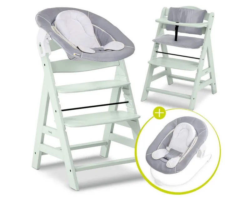 Hochstuhl Alpha Plus Mint Newborn Set - Stretch Grey (Set), Holz Babyhochstuhl ab Geburt inkl. Neugeborenenaufsatz & Sitzauflage by Hauck in Grün – product photo