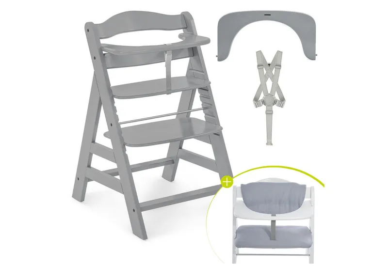 Hochstuhl Alpha Plus, Mitwachsender Holz Kinderhochstuhl verstellbar mit Sitzauflage & Gurt by Hauck in Grau – product photo