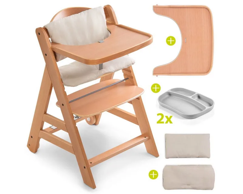 Hochstuhl Alpha Plus Move Natur (5 St), Holz Babystuhl ab 6 Monaten mit Rollen, Essbrett, Sitzkissen & Teller van Hauck in Beige – productfoto