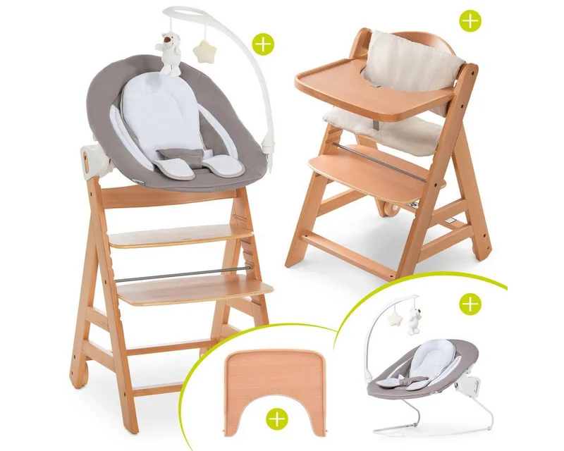 Hochstuhl Alpha Plus Move Natur Newborn Set (5 St), Holz Babystuhl ab Geburt mit Neugeborenenaufsatz, Sitzkissen, Essbrett van Hauck in Beige – productfoto