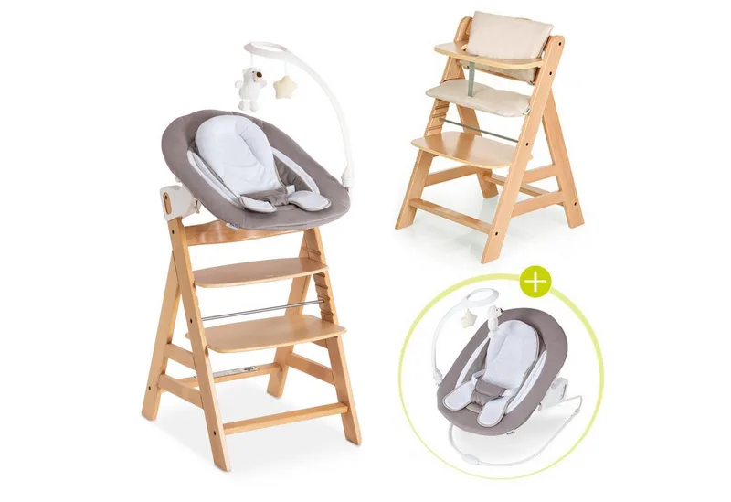 Hochstuhl Alpha Plus Natur - Newborn Set Deluxe (Set, 4 St), Holz Babyhochstuhl ab Geburt inkl. Neugeborenenaufsatz & Sitzauflage by Hauck in Beige, grau – product photo
