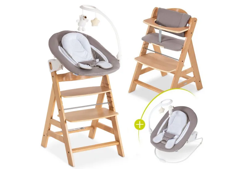 Hochstuhl Alpha Plus Natur - Newborn Set Deluxe (Set, 4 St), Holz Babystuhl ab Geburt inkl. Aufsatz für Neugeborene & Sitzauflage van Hauck in Beige – productfoto