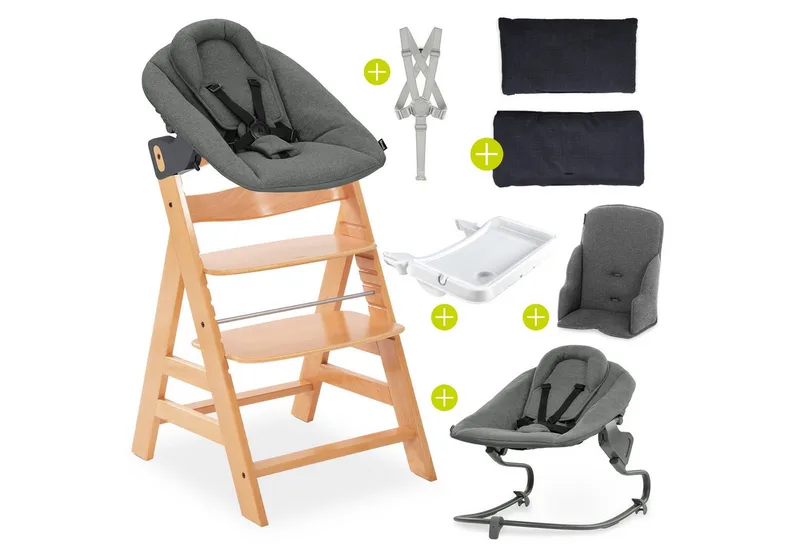 Hochstuhl Alpha Plus Natur Newborn Set Premium Dark Grey, Babystuhl ab Geburt, Aufsatz für Neugeborene, Essbrett, Sitzauflage van Hauck in Beige – productfoto