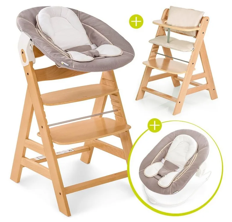 Hochstuhl Alpha Plus Natur - Newborn Set (Set, 4 St), Holz Babyhochstuhl ab Geburt inkl. Neugeborenenaufsatz & Sitzauflage van Hauck in Beige – productfoto