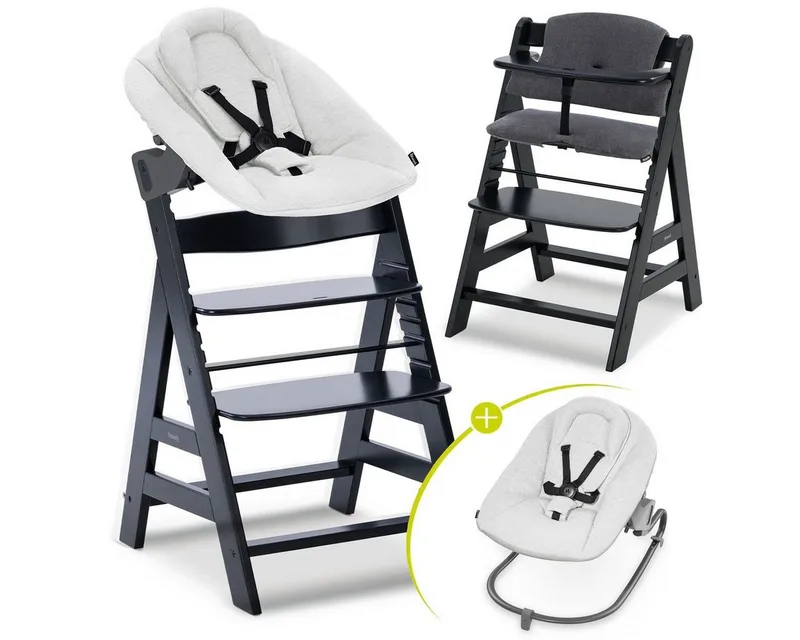 Hochstuhl Alpha Plus Newborn Set - Black, Holz Babyhochstuhl ab Geburt inkl. Neugeborenen Aufsatz & Sitzpolster van Hauck in Schwarz – productfoto