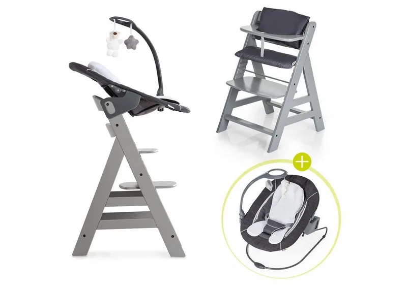 Hochstuhl Alpha Plus - Newborn Set Deluxe (Set, 4 St), Holz Babyhochstuhl ab Geburt inkl. Neugeborenenaufsatz & Sitzauflage van Hauck in Grau – productfoto