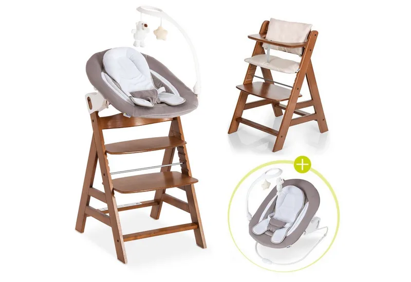 Hochstuhl Alpha Plus Walnut - Newborn Set Deluxe (Set, 4 St), Holz Babyhochstuhl ab Geburt inkl. Neugeborenenaufsatz & Sitzauflage van Hauck in Braun – productfoto