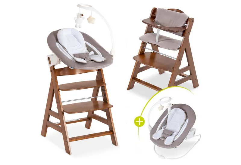 Hochstuhl Alpha Plus Walnut Newborn Set Deluxe (Set, 4 St), Holz Babyhochstuhl ab Geburt inkl. Neugeborenenaufsatz & Sitzauflage van Hauck in Braun – productfoto