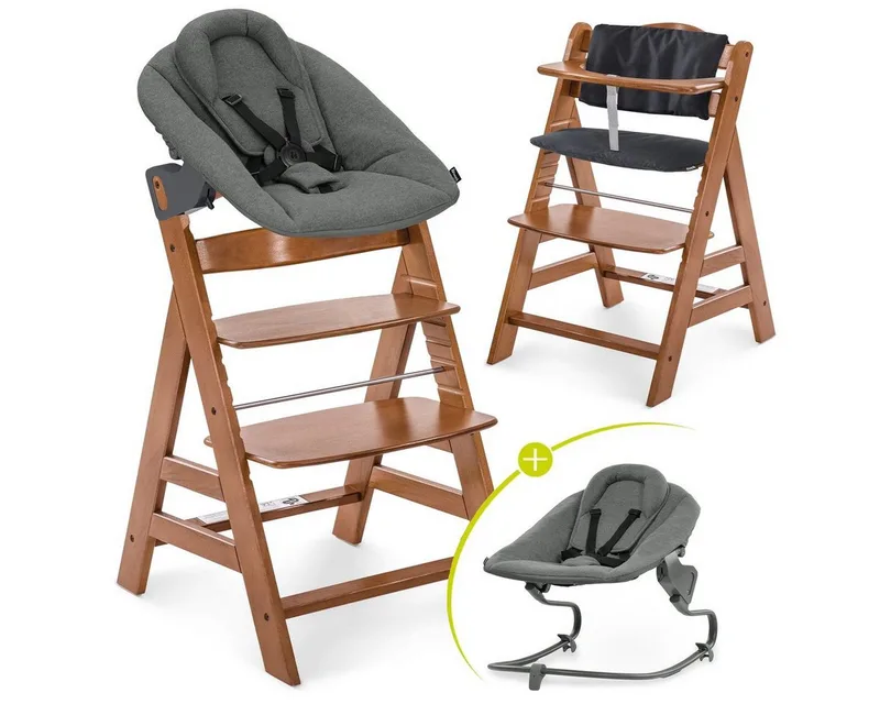 Hochstuhl Alpha Plus Walnut Newborn Set Premium Dark Grey, Holz Babystuhl ab Geburt inkl. Aufsatz für Neugeborene & Sitzauflage van Hauck in Braun – productfoto