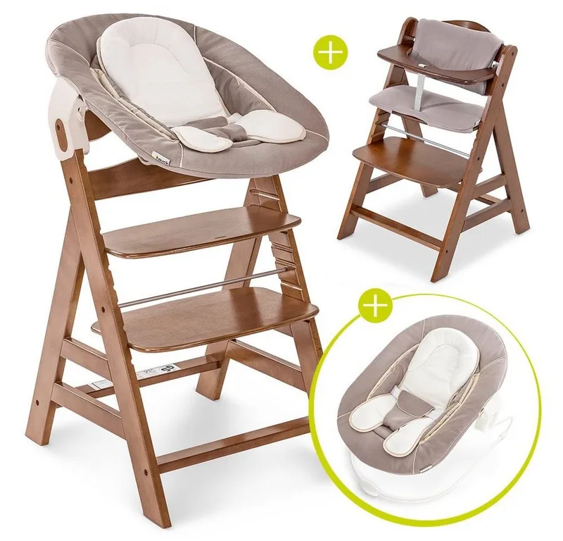 Hochstuhl Alpha Plus Walnut Newborn Set (Set, 4 St), Holz Babyhochstuhl ab Geburt inkl. Neugeborenenaufsatz & Sitzauflage van Hauck in Braun – productfoto