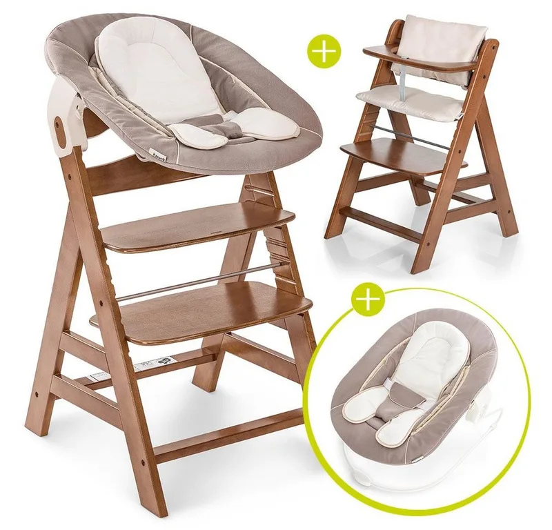 Hochstuhl Alpha Plus Walnut - Newborn Set (Set, 4 St), Holz Babyhochstuhl ab Geburt inkl. Neugeborenenaufsatz & Sitzauflage van Hauck in Braun – productfoto