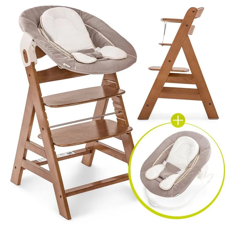Hochstuhl Alpha Plus Walnut - Newborn Set (Set, 4 St), Holz Babystuhl ab Geburt mit Aufsatz für Neugeborene höhenverstellbar van Hauck in Beige, braun – productfoto