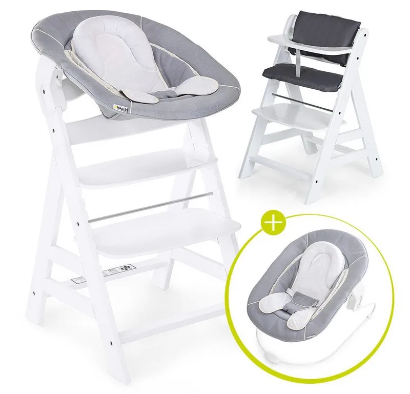 Hochstuhl Alpha Plus White - Newborn Set (Set, 4 St), Holz Babyhochstuhl ab Geburt inkl. Neugeborenenaufsatz & Sitzauflage van Hauck in Weiß – productfoto