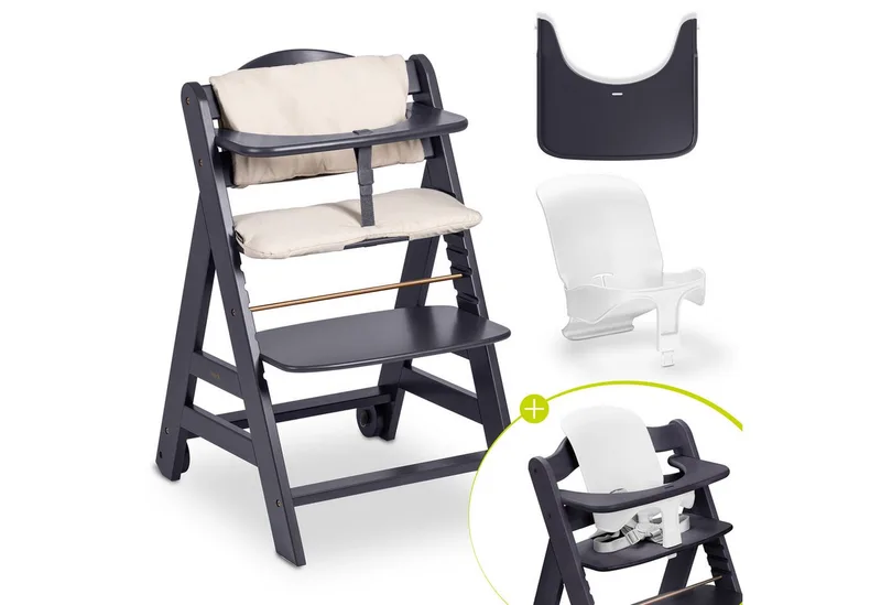 Hochstuhl Beta Plus - Dark Grey, Holz Kinderhochstuhl mit Baby-Sitz, Essbrett, Sitzauflage & Rollen by Hauck in Grau – product photo