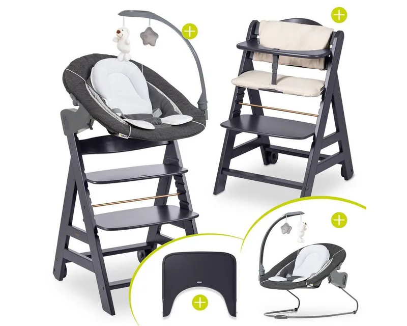 Hochstuhl Beta Plus Dark Grey - Newborn Set Deluxe, Holz Babystuhl ab Geburt mit Neugeborenenaufsatz, Sitzkissen, Essbrett by Hauck in Grau – product photo