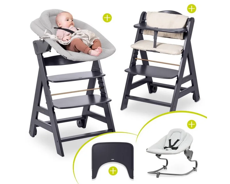 Hochstuhl Beta Plus Dark Grey - Newborn Set Premium (Set), Babystuhl ab Geburt mit Neugeborenen Aufsatz, Sitzpolster & Essbrett by Hauck in Grau – product photo