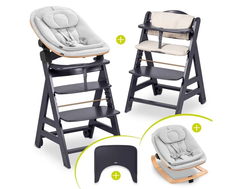 Hochstuhl Beta Plus Dark Grey Newbornset Eco - Light Grey (Set), Holz Babystuhl ab Geburt mit Neugeborenensufsatz, Sitzkissen, Essbrett by Hauck in Grau – product photo